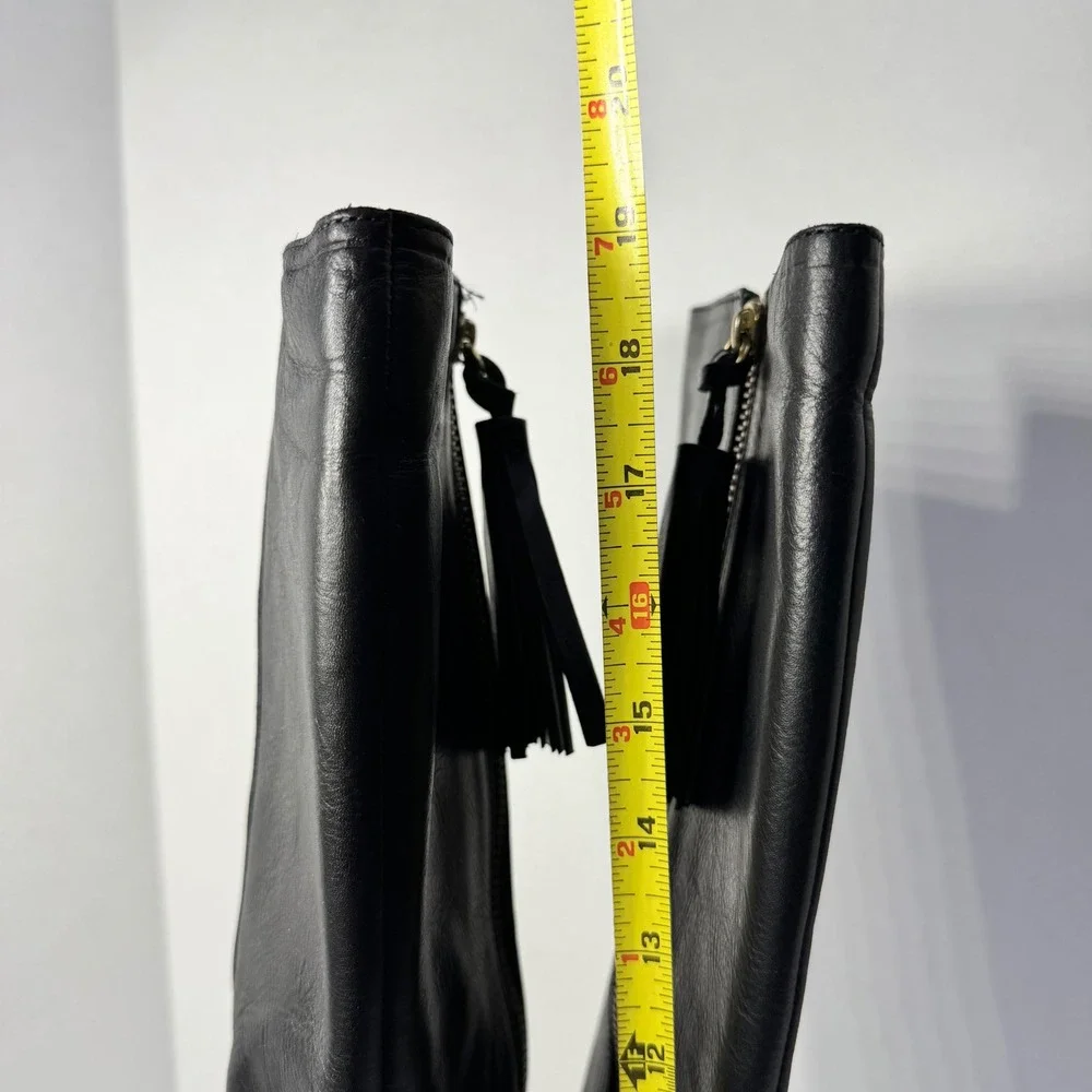 Coach Therese Black Leather Knee High Boots Gold Zip Tassel Block Heel Size 7.5B
